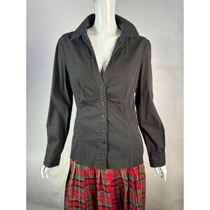 Tahari Womens Black Button-Up Shirt Blouse L 70% Cotton 26% Nylon